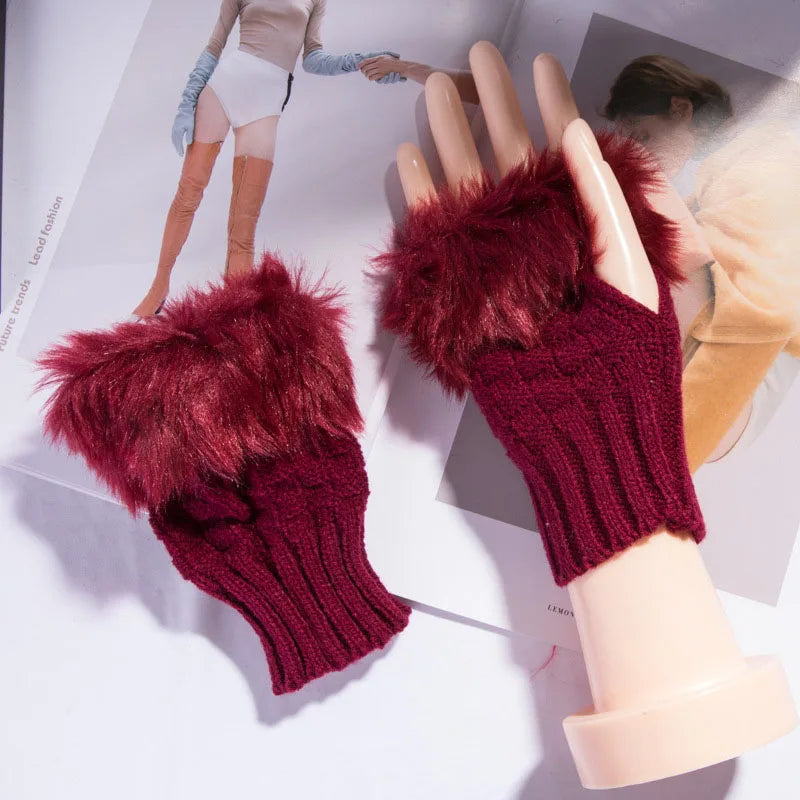 Faux Fur Fingerless Winter Gloves Hand Warmer