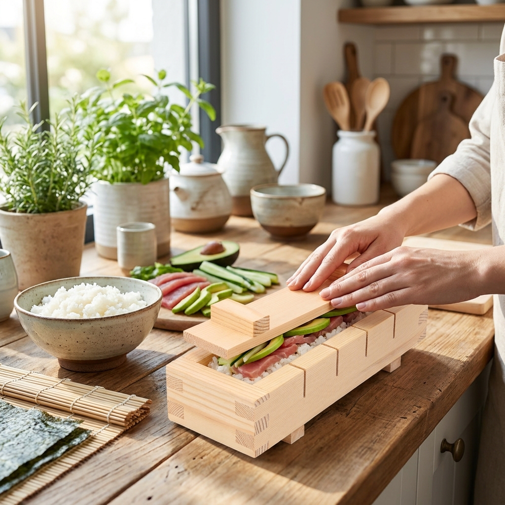 Handcrafted Wooden Sushi Maker Press Mold — lifestyle product image