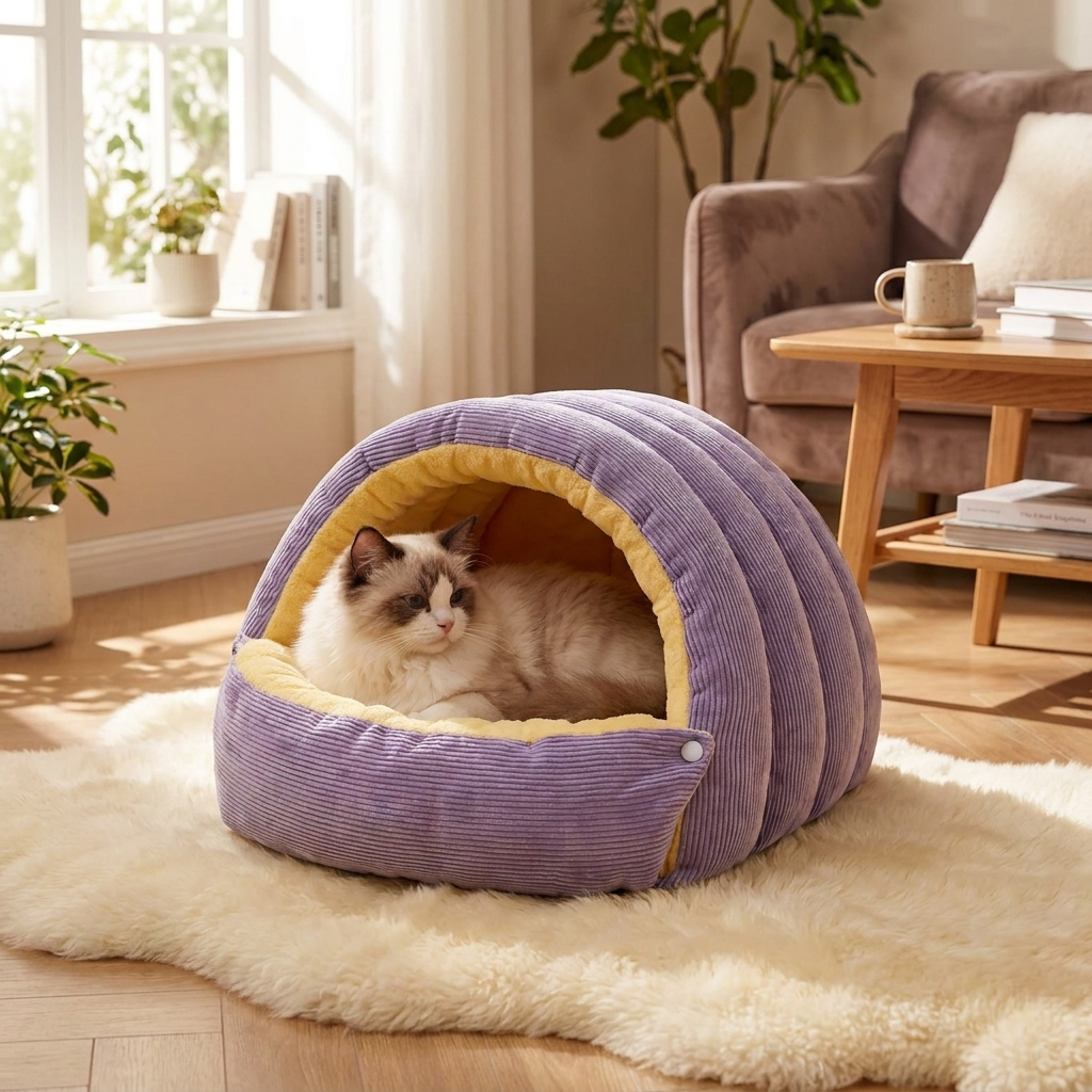 Warm Arctic Fleece Enclosed Cat Cave Bed — lifestyle product image