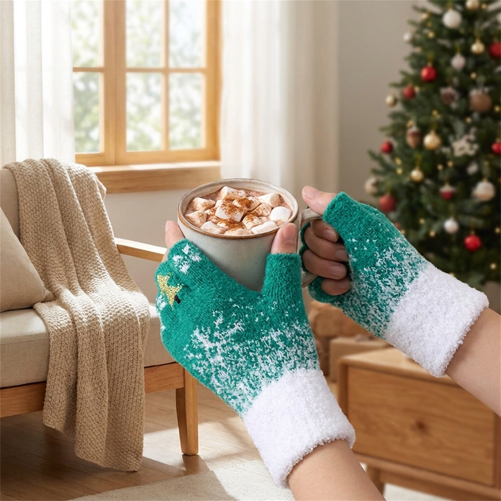 Festive Fleece Lined Knit Fingerless Gloves — lifestyle product image