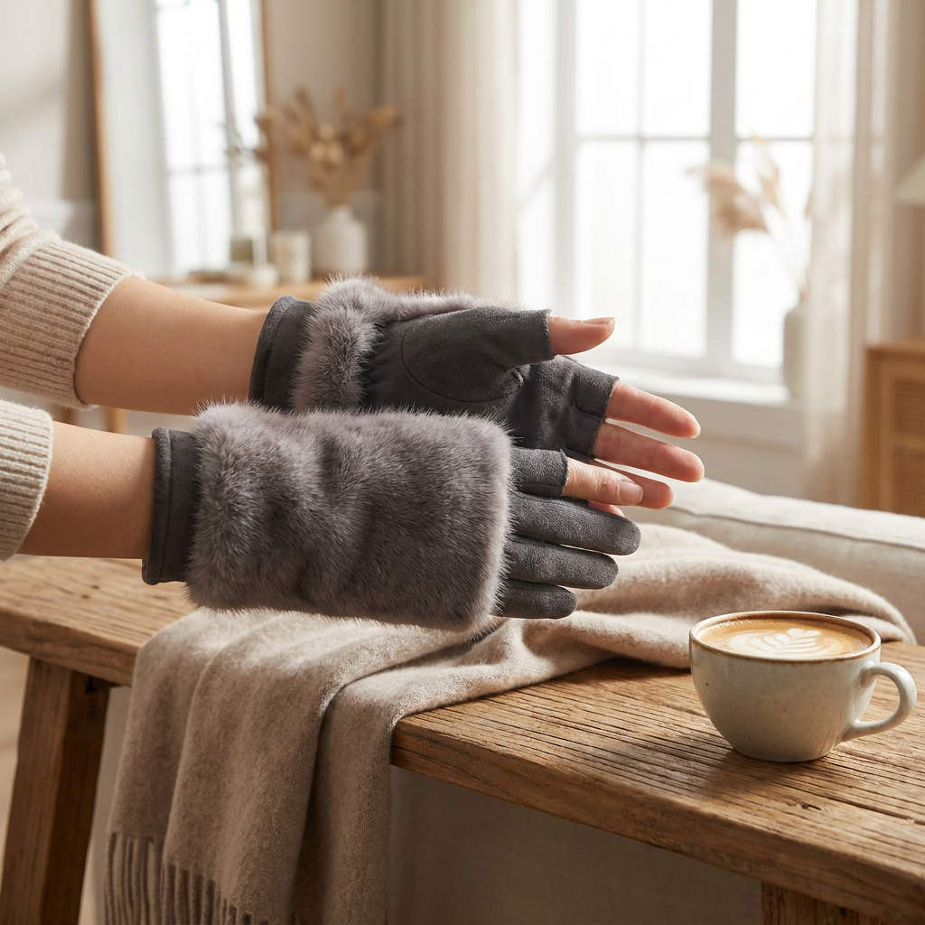 Suede Rabbit Fur Touch Screen Winter Gloves — lifestyle product image