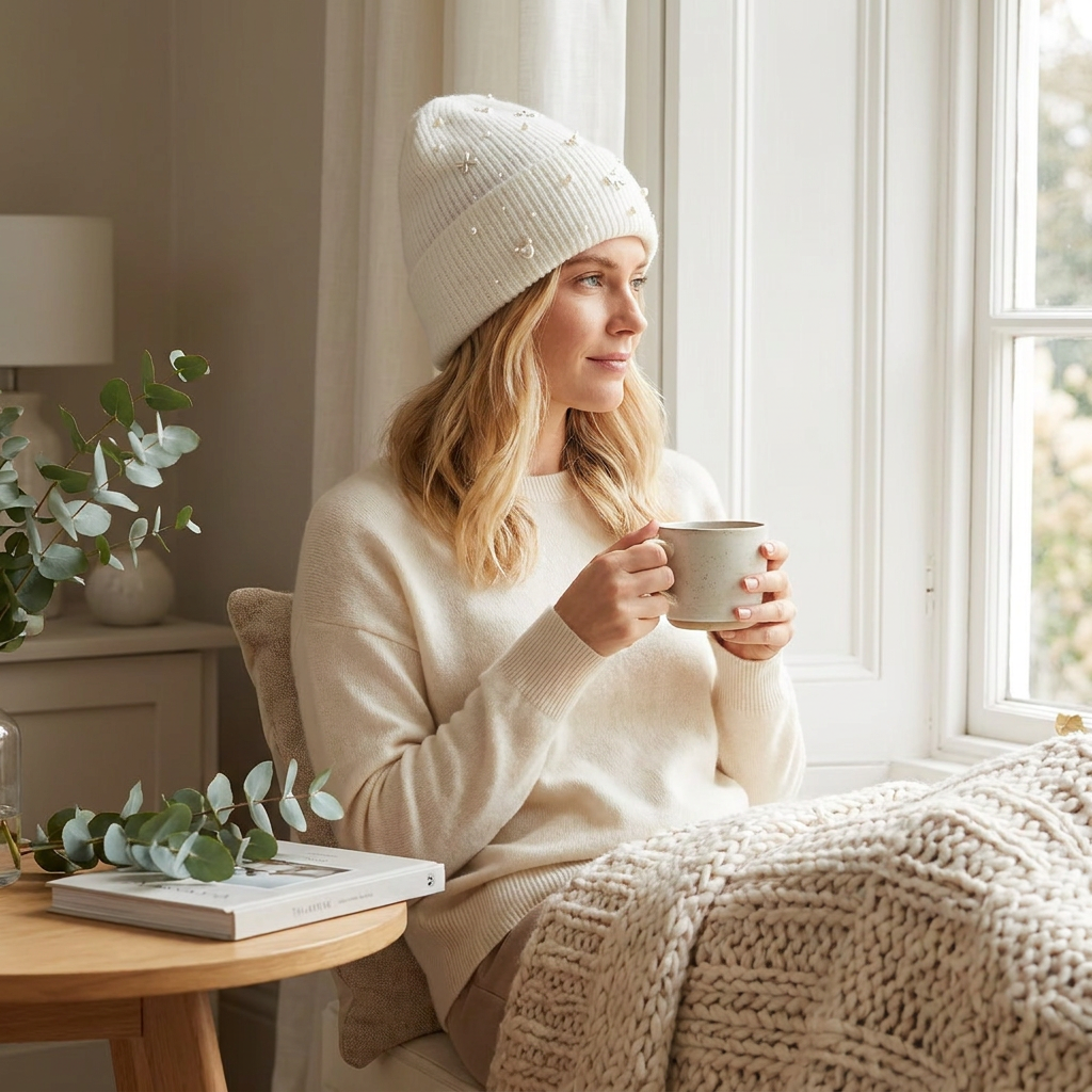 Pearl Accent Knit Beanie Winter Hat — lifestyle product image