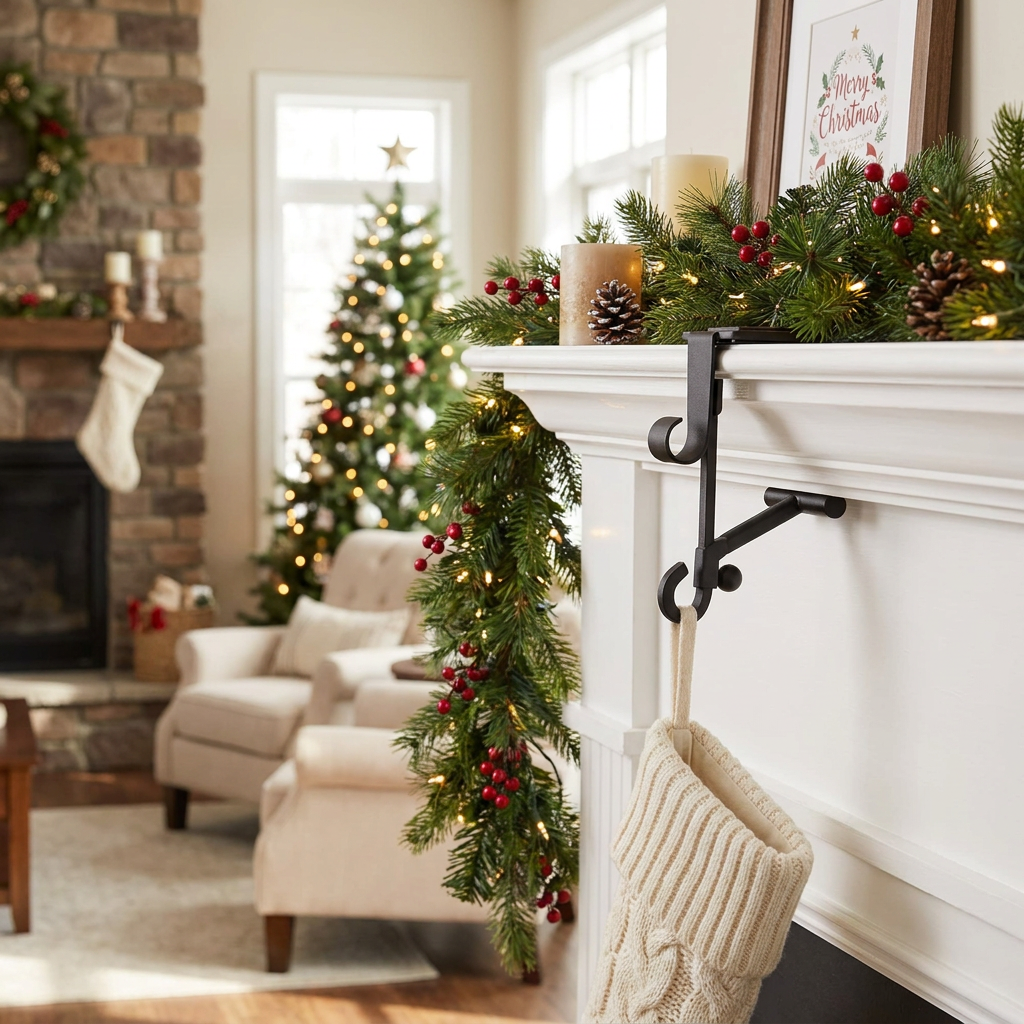 Adjustable Fireplace Stocking and Garland Hanger Set — lifestyle product image