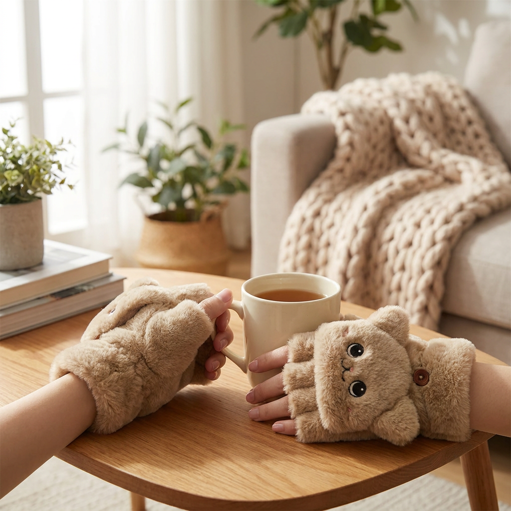 Plush Animal Fingerless Gloves — lifestyle product image