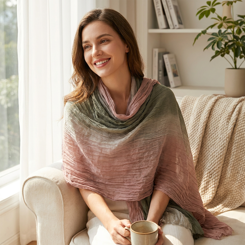 Soft Gradient Cotton Shawl Ladies Winter Scarf — lifestyle product image