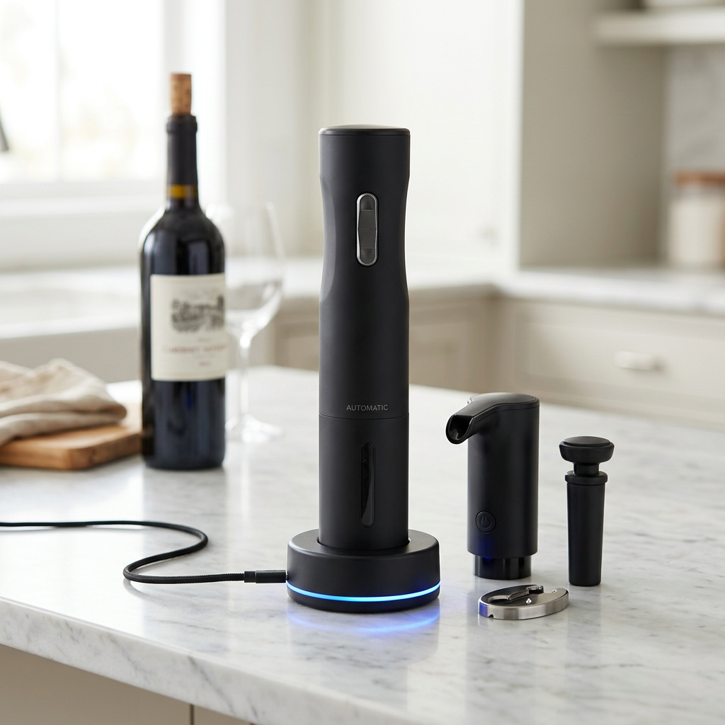 Black automatic electric wine bottle opener set on charging base with pourer, stopper and foil cutter
