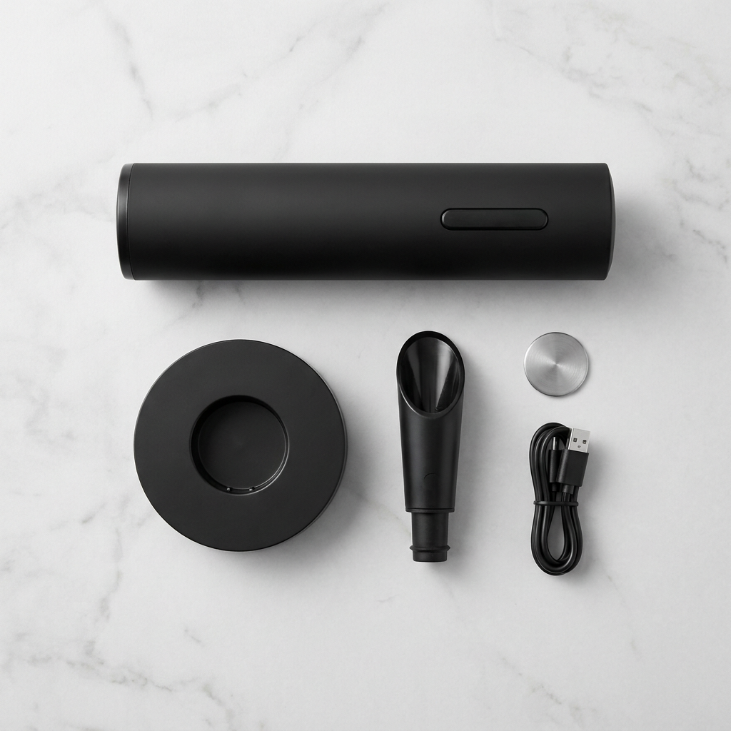 Flat lay of complete black electric wine opener gift set