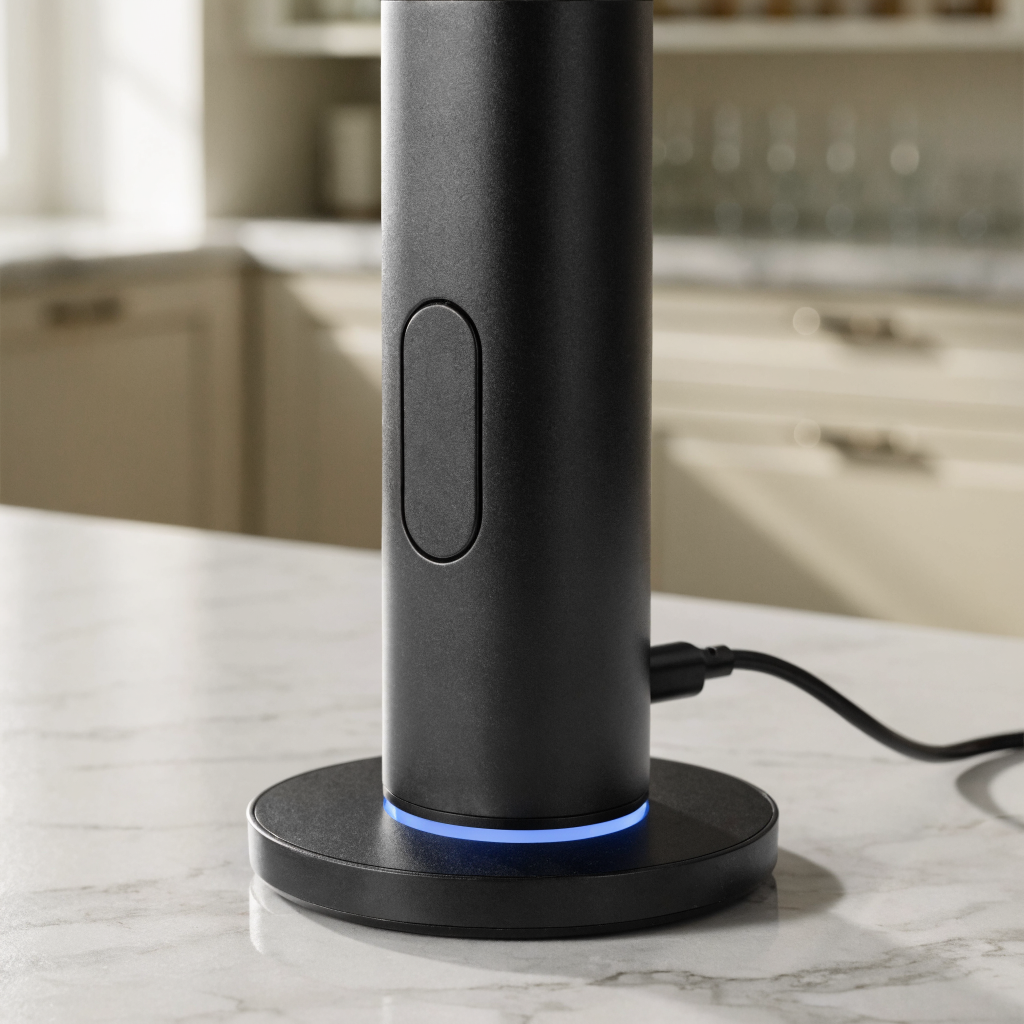 Close-up of black electric wine bottle opener with control button on glowing charging base