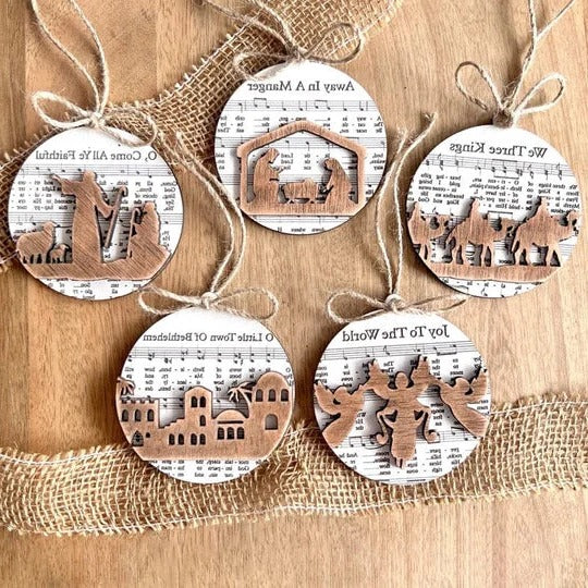 Nativity-Themed Music Sheet Ornament Collection